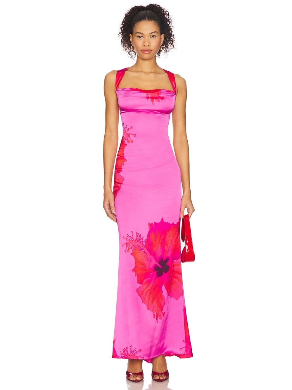 Good American Satin Lace Up Maxi Dress in Pink Hibiscus size small NWT